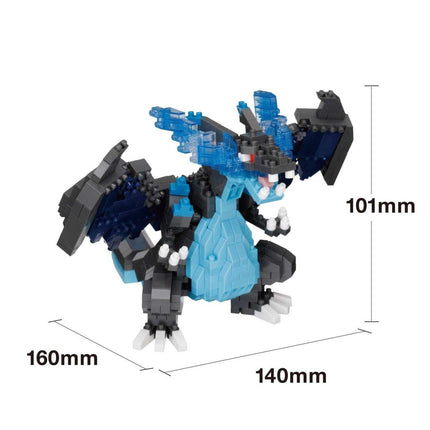 A blue and black LEGO dragon toy is shown in the image, with dimensions provided.