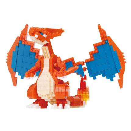 A colorful, pixelated dragon-like creature made of building blocks in shades of orange, blue, and white.
