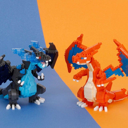 Two LEGO dragon figurines, one black and one orange, are positioned against a blue and orange background.