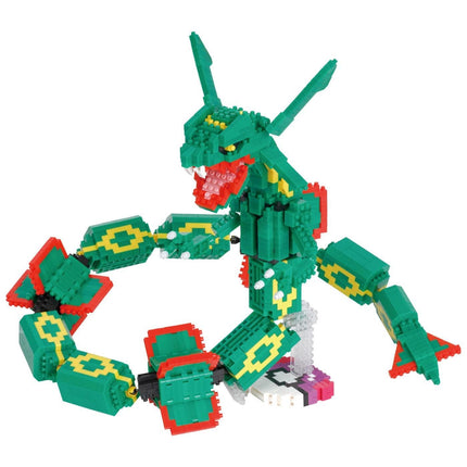 A green LEGO robot with a red mouth and yellow eyes, holding a red and yellow LEGO brick in its mouth.