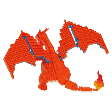 A 3D model of a red dragon-like creature made of small, colorful building blocks.