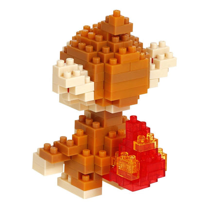 A colorful, 3D-built toy made of small orange and white building blocks, resembling a monkey or a similar animal.