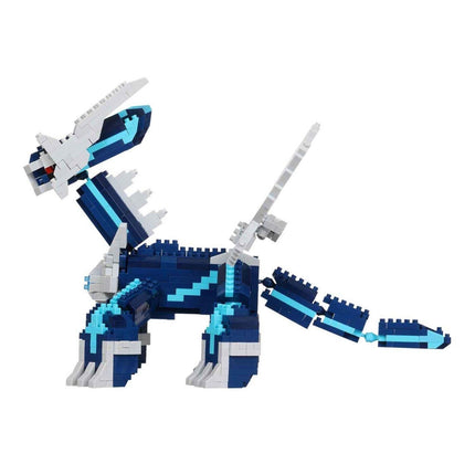 A blue and gray LEGO dinosaur-shaped toy made up of various LEGO bricks.