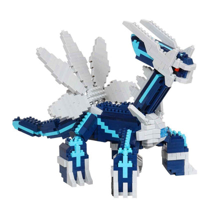 A blue and white LEGO dragon-like creature made up of numerous small bricks.