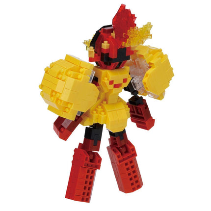 A colorful, 3D-rendered robot figure made of various building blocks in yellow, red, and black colors.