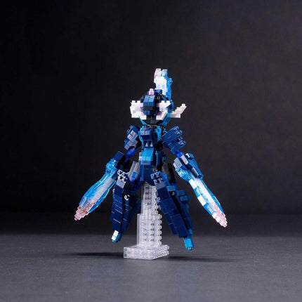 A blue and white Lego robot with multiple arms and legs stands on a stand against a dark background.