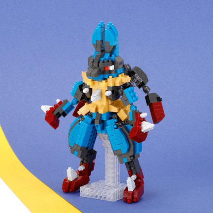 A colorful Lego figure stands on a stand against a blue background.