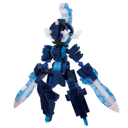A blue and black robot-like figure made of small building blocks, with various arms and legs.