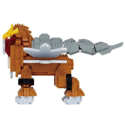 A Lego robot made of various colored bricks, including orange, gray, and white, with a yellow head and red accents.