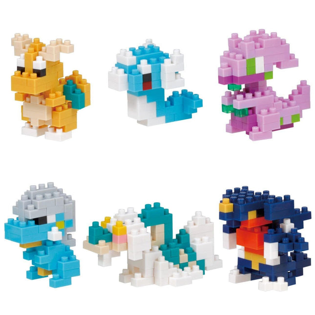 six colorful, pixelated character models, each composed of small building blocks, arranged in a grid-like pattern.