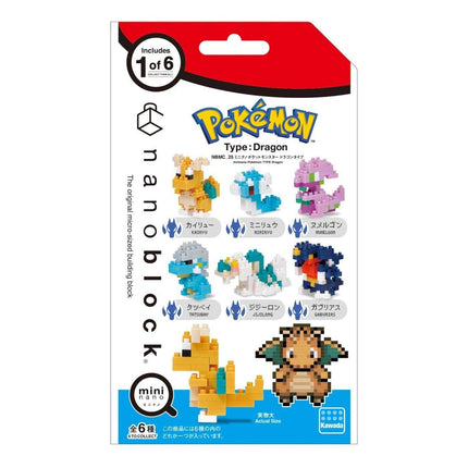 The image is a packaging for a Pokémon-themed product called the "Pokemon Type: Dragon" microblock. It includes a set of six pixelated characters, each with unique features and designs. The packaging is predominantly white and red, with the Pokémon logo prominently displayed. The text on the packaging indicates that the product is a "Collectible" and is available in "1 of 6" sets.