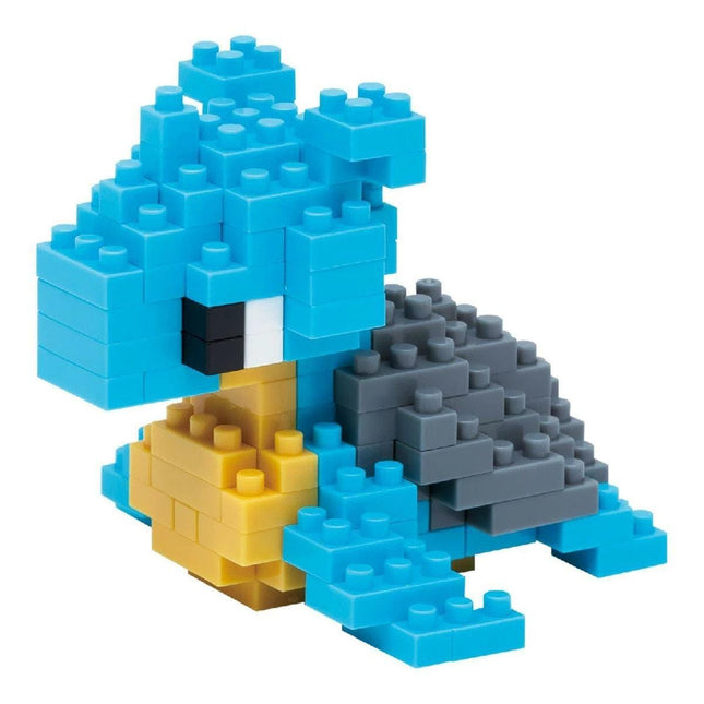 A colorful, pixelated toy resembling a Pokémon character, composed of various blue and yellow building blocks.