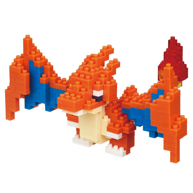 A colorful toy resembling a Pokemon character, made up of small orange and blue building blocks.
