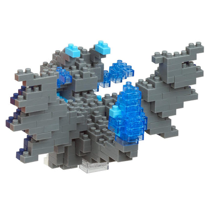 A gray LEGO dinosaur-shaped building made up of numerous LEGO bricks in shades of gray and blue.