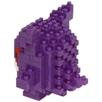 A purple, 3D-built toy made of small, square-shaped building blocks.