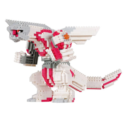 A toy robot made of building blocks in shades of white and red, with a gray head and red eyes.
