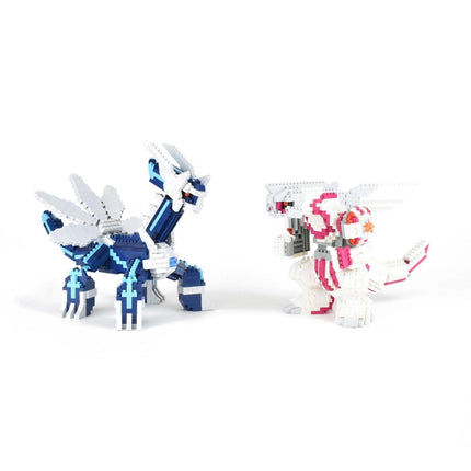 Two colorful, pixelated toy figures are shown against a white background.