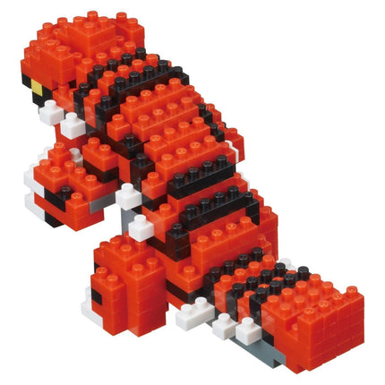 A red and black LEGO dinosaur-shaped figure made up of numerous small LEGO bricks.