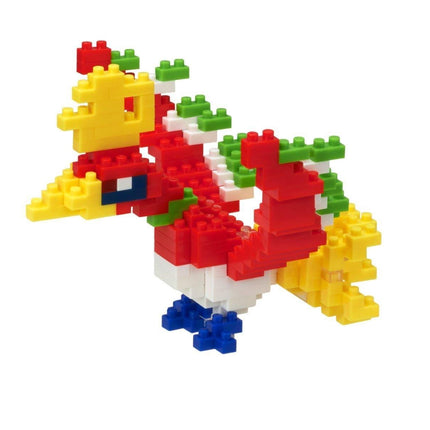 A colorful toy made of various building blocks in different shapes and colors, including red, yellow, green, and blue.