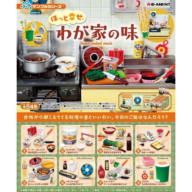 The image is a collage of various miniature kitchen items, including pots, pans, utensils, and food items, arranged in a visually appealing manner.