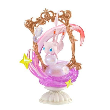 A figurine of a pink cat with blue eyes, surrounded by a decorative frame and various colorful elements such as stars and bubbles.