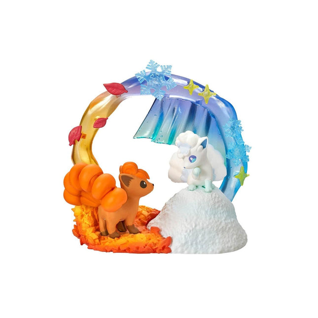 A figurine of a character from the Pokémon franchise, specifically the Pokémon franchise, is depicted in a whimsical, colorful scene. The figurine is surrounded by various elements, including a snowman, a tree, and a rainbow, creating a playful and imaginative setting.