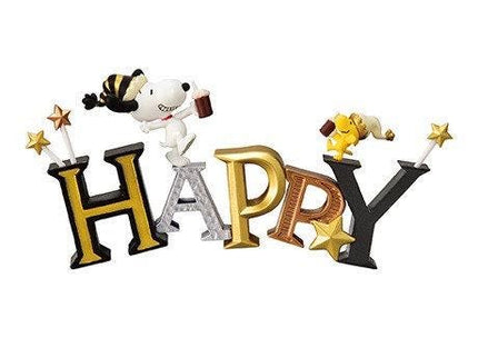 A group of letters spelling "HAPPY" with various cartoon character figurines surrounding them.