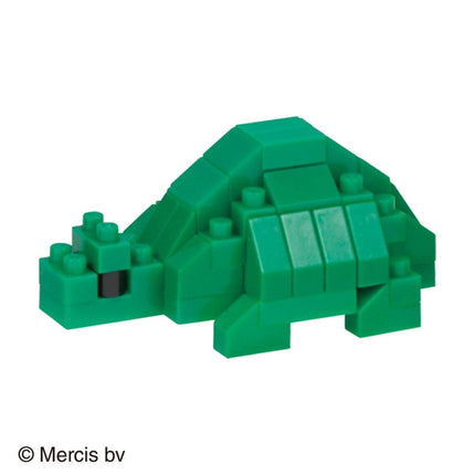 A green LEGO turtle made of small blocks.