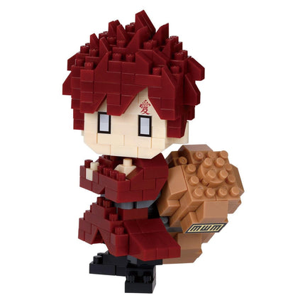A figurine of a character with red hair and a red outfit, made of small Lego bricks.