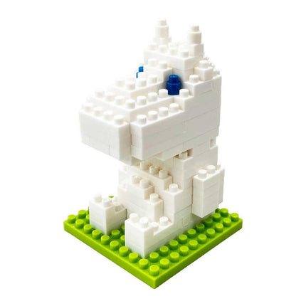 A white Lego dinosaur-shaped building made of small white Lego bricks, sitting on a green base.