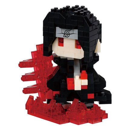 A toy figurine of a character with a black headband and red eyes, made of small red and black building blocks.