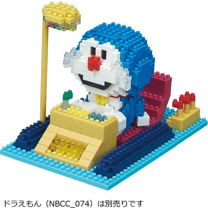 A colorful and detailed model of a Doraemon character made of small building blocks, including a yellow pole and various other elements.