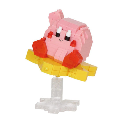 A pink and yellow Lego figurine is sitting on a clear stand.