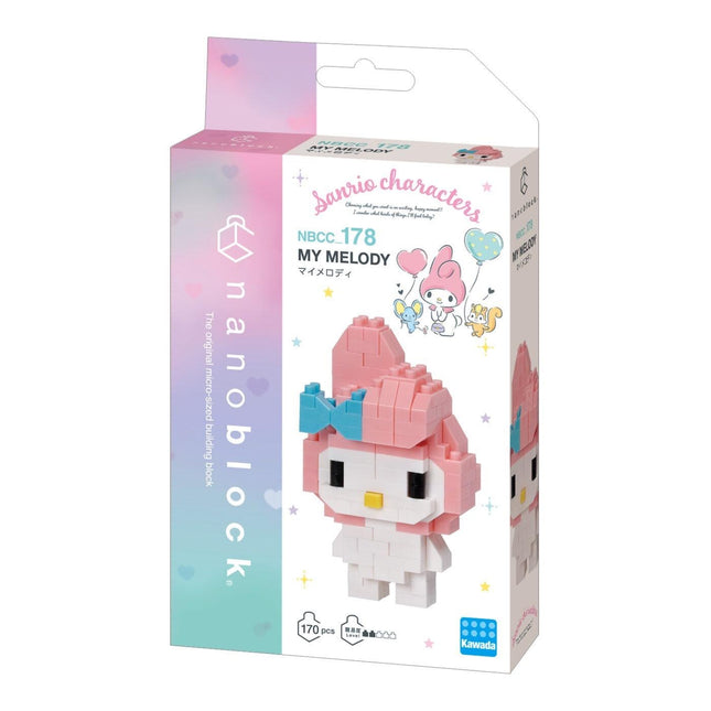 a Hello Kitty-themed packaging for a Nanoblock My Melody building block set.