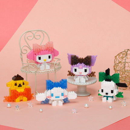 A group of colorful, pixelated characters from the Hello Kitty franchise, including a pink character, a purple character, and other characters, arranged on a pink background.