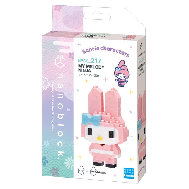 a pink Hello Kitty-themed building block set, specifically the "My Melody Ninja" set, as indicated by the text on the packaging.
