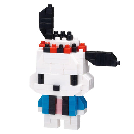 A cute, pixelated character made of building blocks in various colors, including white, black, and red.