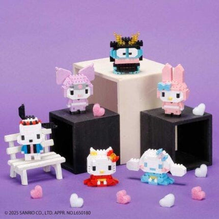 A collection of pixel art Hello Kitty figurines, including one on a bench, one on a black pedestal, and one on a black platform, surrounded by heart-shaped confetti.