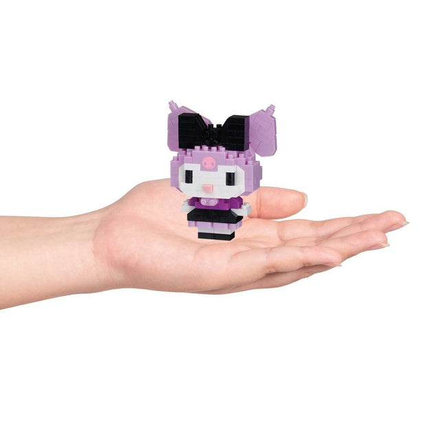 Kuromi-style nano block character on open hand, purple dress-up outfit