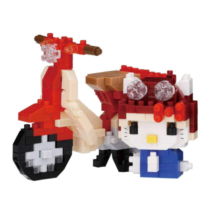 A red and white toy motorcycle and a Hello Kitty doll are shown in the image.