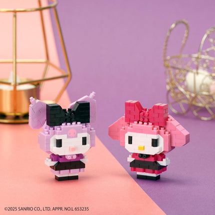 two Hello Kitty pixel art characters, one in pink and one in purple, standing on a pink background.