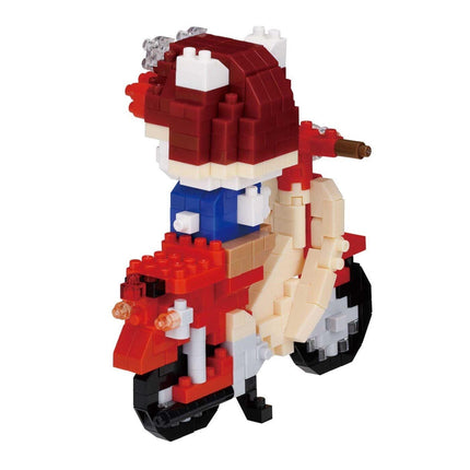 A red and white toy motorcycle made of building blocks.