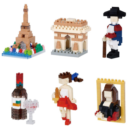 six different objects, including a tall tower, a building, a person, a bottle, a wine glass, and a painting, all made up of small building blocks.