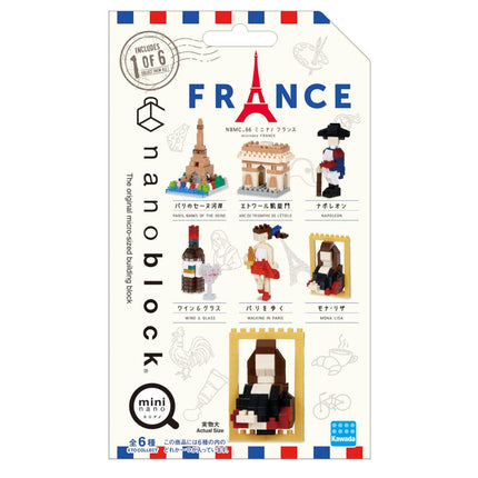 The image is a packaging for a set of six different miniature figures representing various landmarks and scenes from France.