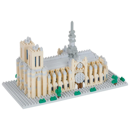 A detailed 3D model of the Notre Dame Cathedral, a famous landmark in Paris, France. The model is constructed from small, interlocking bricks and features intricate architectural details, including the spire and the rose window.