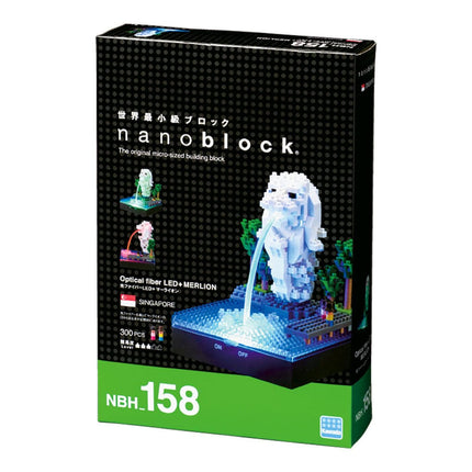 The image is a box for a product called the "Nanoblock" that is a building block designed to resemble the Singapore Merlion.
