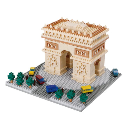 A detailed model of the Arc de Triomphe, a famous monument located in Paris, France. The model is constructed from small Lego bricks and features various vehicles and trees surrounding it.