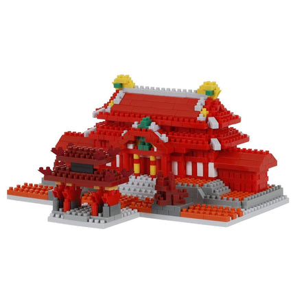 A 3D model of a red and white Chinese temple made of building blocks, with a yellow roof and green accents.