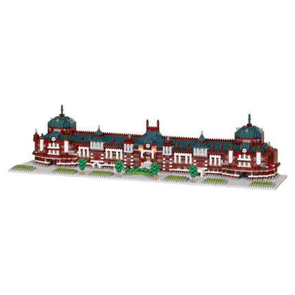 A 3D model of a building with a red and white color scheme, featuring multiple domes and arches.