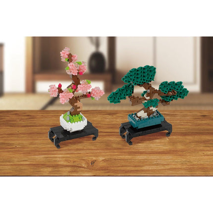 Two small bonsai trees in black pots, one with pink flowers and the other with green leaves, placed on a wooden surface.